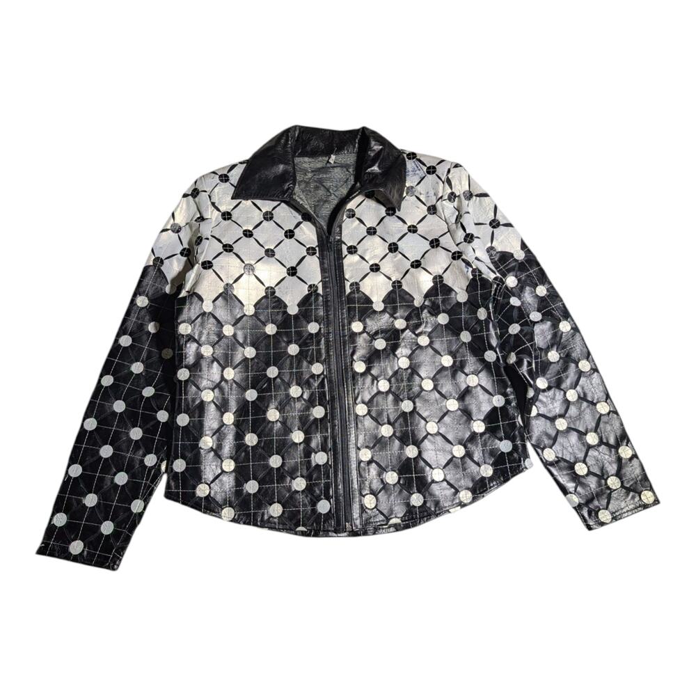 Vtg Y2K Daniel Black White Pearlescent Laser Cut Leather Button Up Jacket Sz M